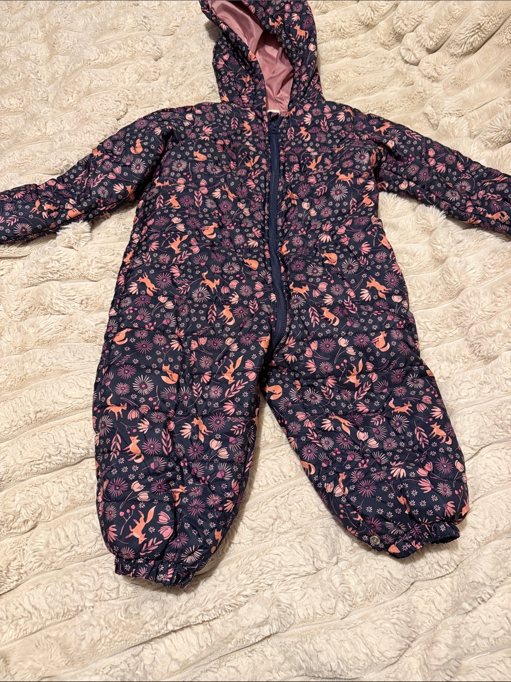 Baby Steps Navy One-Piece Snowsuit with Pink Floral Print